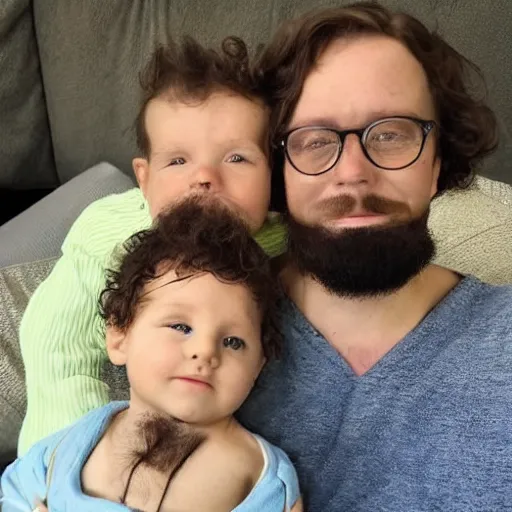 Image similar to a photo of a white man level 1 clipper beard that is happy with his 3 month year old baby boy and his wife with dark hair.
