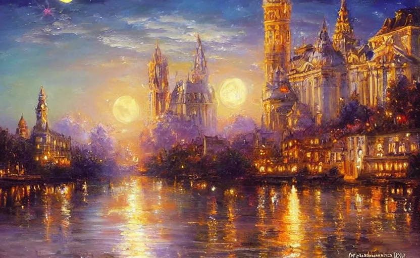 Image similar to Beautiful alchemy cityscpae, the moon is in the sky. By Konstantin Razumov, highly detailded