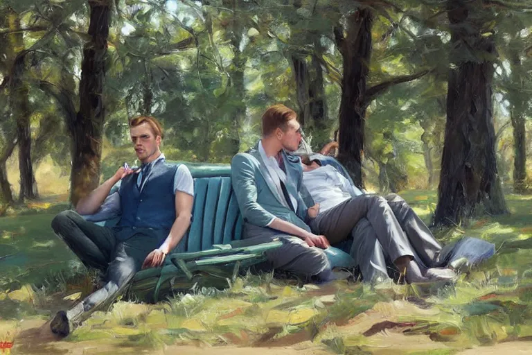 Image similar to 2 attractive men sitting on a coach in forest, painting by vladimir volegov, tom of finland, trending on artstation