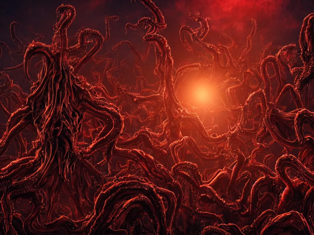 Image similar to twisted demonic creatures screaming, sun dripping liquid blood in the background, eldritch horror, hellish, grotesque, visceral, monstrosity, accursed, insanity, nightmare, High Definition detail, 8K