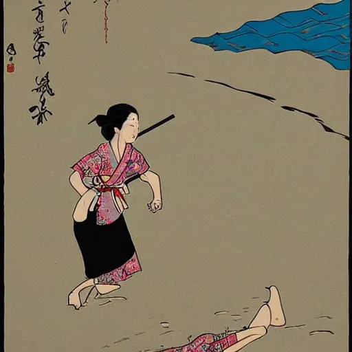 Image similar to Beautiful Japanese woman running from an old samurai on the beach Toshio Saeki, high detailed