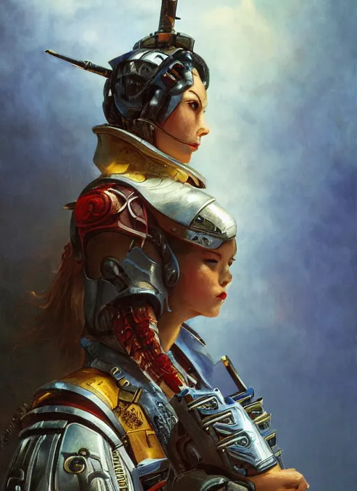 Image similar to symmetry! closeup portrait of a beautiful biblical diabolical samurai girl holding a gun, bio cyborg armor, in clouds, cinematic studio light, windy, sunrise, by gerald brom, by mikhail vrubel, by peter elson, muted colors, extreme detail, trending on artstation, 8 k