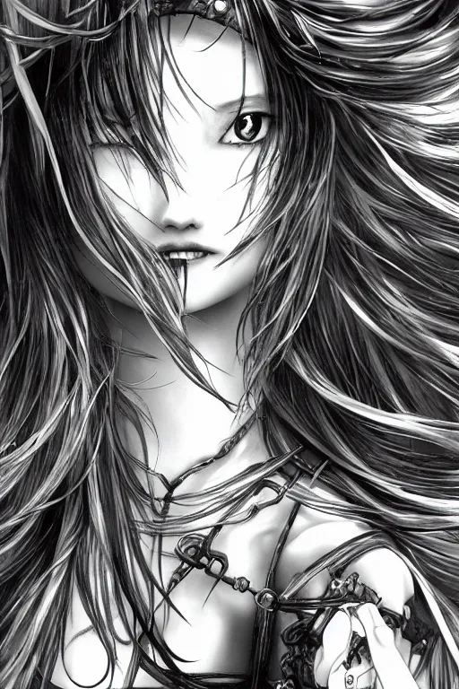 Image similar to a vertical portrait of a character in a scenic environment by Yoshitaka Amano, black and white, dreamy, cybernetic, wavy long black hair, highly detailed