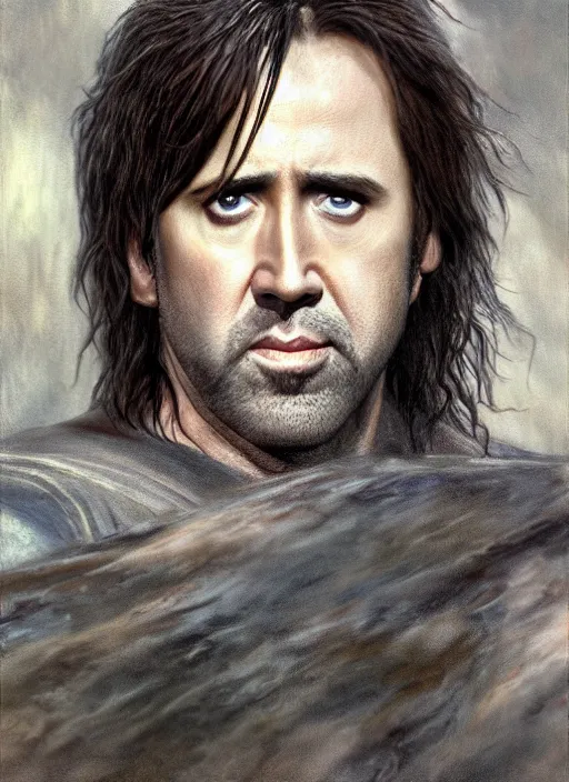 Image similar to portrait of nicolas cage as aragorn, by alan lee, lord of the rings, smooth, detailed terrain, oil painting, matte painting, concept art, trending on artstation, promotional artwork, film still, elegant, photorealistic facial features, intricate, detailed face, cinematic lighting