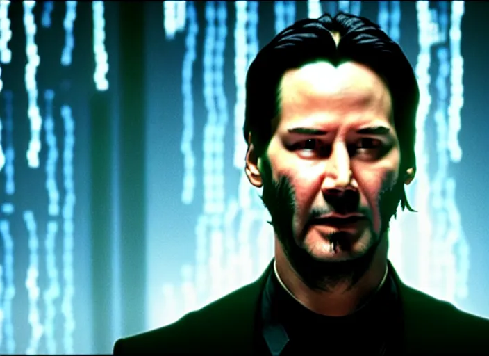 Image similar to A photo of Keanu Reeves as Neo in The Matrix movie doing a thumb up to the camera in front on burning servers, servers in flames in the background, happy system administrator doing a thumb up, uncropped, full body, crispy, ultra detailed