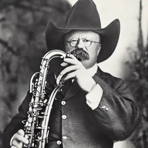 Prompt: Teddy Roosevelt playing the saxophone wearing a giant cowboy hat