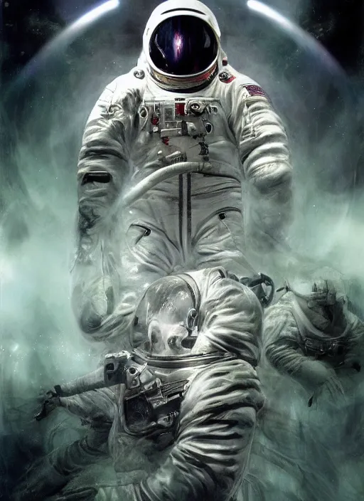 Image similar to astronauts in dark void underwater - complex and hyperdetailed technical suit. reflection and dispersion materials. rays and dispersion of light. volumetric light. f / 3 2. noise film photo. flash photography. ultra realistic, wide angle. poster by wayne barlowe, hajime sorayama aaron horkey, craig mullins