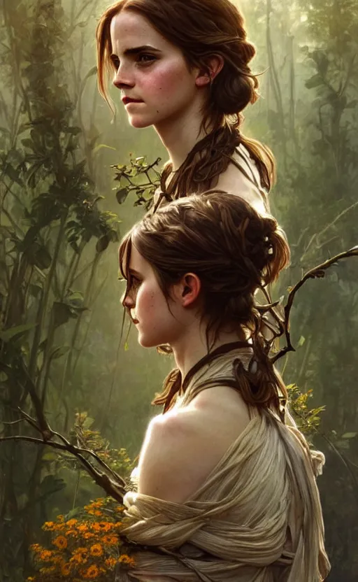 Image similar to emma watson god of the forest, 3 0 years old, rugged, female, gorgeous, detailed face, amazing, thighs, flowers, muscular, intricate, highly detailed, digital painting, high detailed, artstation, concept art, sharp focus, illustration, art by greg rutkowski and alphonse mucha