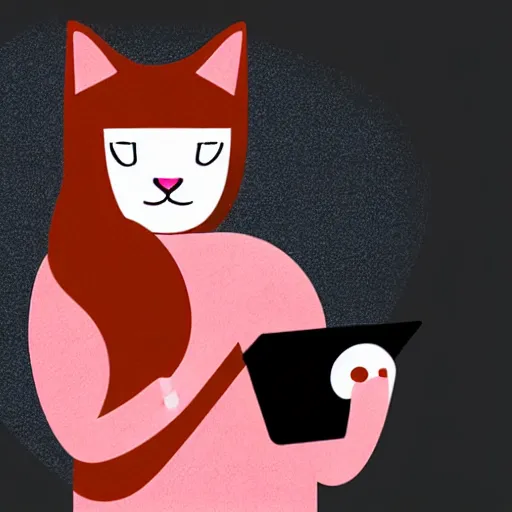 Prompt: happy red - haired cat using a computer, viewed while eating a banana, black background, retro design, high quality detailed image