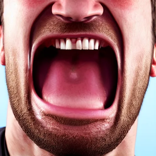 Image similar to incredible cinematic image of the face of a young angry man screaming and inside his mouth the same face screaming, studio shot, dynamic lighting, high definition, highly detailed, photo-realistic, unreal engine render, 16k