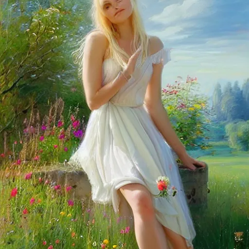 Image similar to mysterious blonde woman in hot dress in the swedish countryside, freedom, scenic, beautiful, masterpiece, highly detailed, painting by vladimir volegov