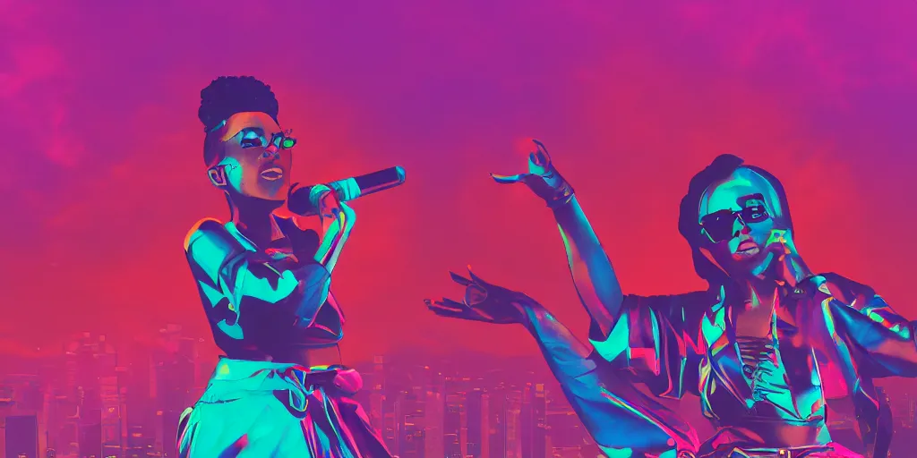 Prompt: lady rapper performing on stage, waist up, side of frame, digital art, vapor wave, hip hop, trending on Artstation, professional artist, detailed, 4k