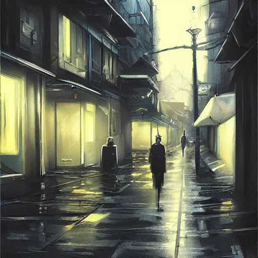 Prompt: dark city street, painting by Hayao Miyazaki,ArtStation
