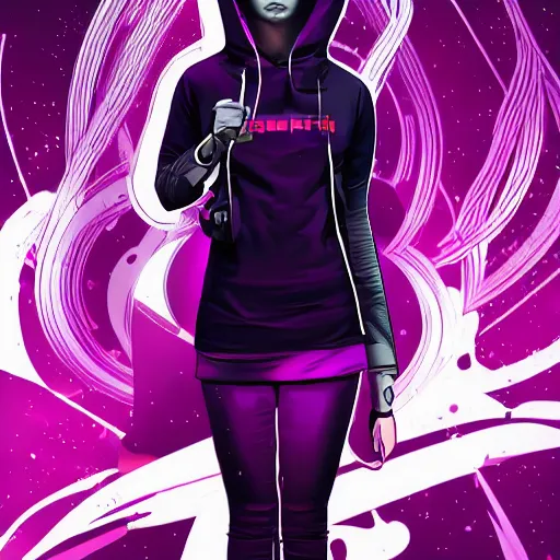 Image similar to poster artwork, sci fi, a female, full body, black hoodie techie, black hair with purple streaks, 8 k