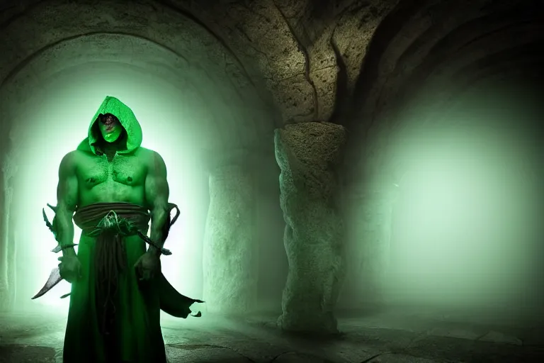 Image similar to vfx film, photorealistic render, soul reaver, raziel irl, price of persia movie, missing jaw, hero pose, devouring magic souls, scarf, hood, glowing green soul blade, in epic ancient huge underground temple, stonehenge, flat color profile low - key lighting award winning photography arri alexa cinematography, hyper real photorealistic cinematic, atmospheric cool colorgrade