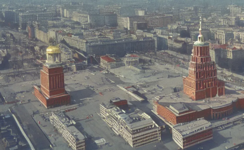 Prompt: high quality 2000s historic footage of soviet square with lenin statue with stanilist style high rise and pedestrians, color aerial photo drone, Cinestill 800t ektachrome, heavy grainy picture, very detailed, high quality, 4k panoramic