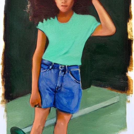 Prompt: a girl with curly black hair wears blue shorts and a green shirt she wears round glasses and plays skateboards, oil painting