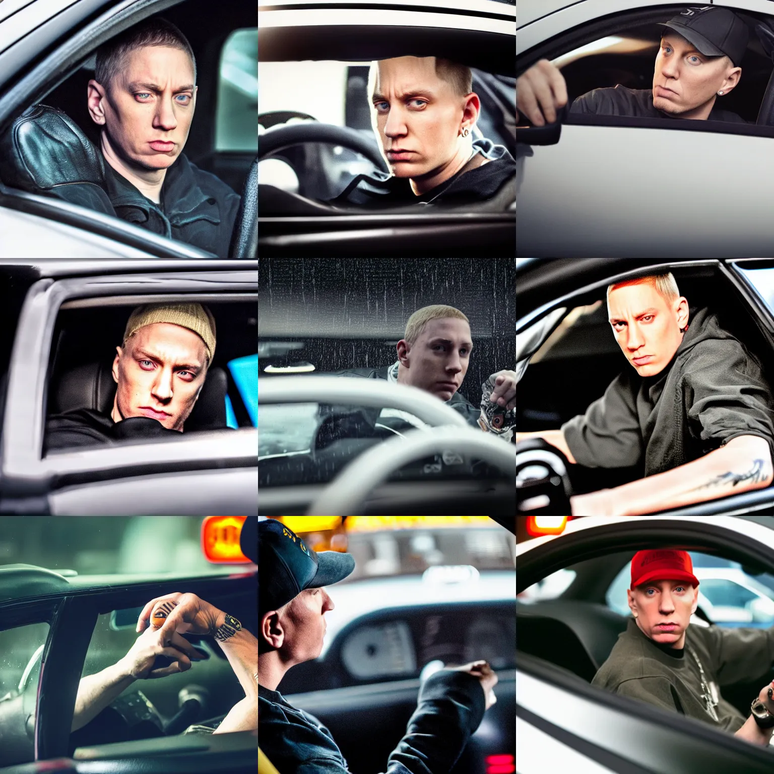 Prompt: Eminem as a taxi driver with steering wheel in his hands looking at you from the car, shot from professional camera, ultra realistic, rim light, rainy weather, vivid lights night time