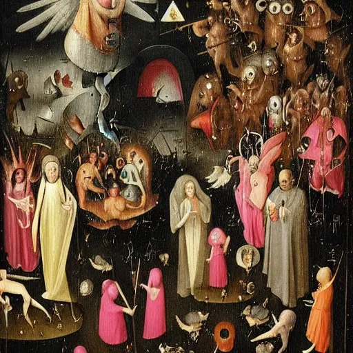 Prompt: disco party of demons and angels in hieronymus bosch style, hyper detailed, hyper realistic, dark humour