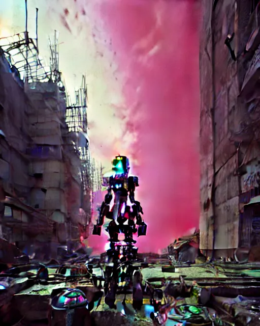 Image similar to hyperrealistic hyperdetailed punk mecha iridescent pink coming out of dystopian city ruins concept art santiago caruso de chirico sharp very dramatic green light 8k low angle shallow depth of field