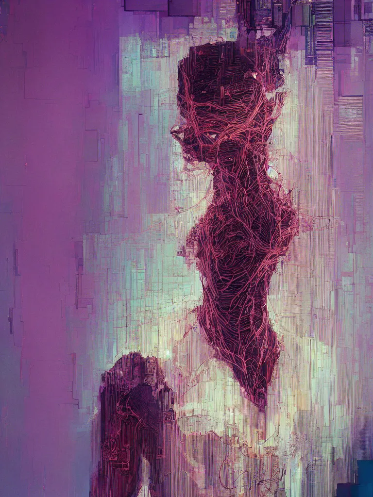 Image similar to a beautiful glitched architectural study painting by peter vahlefeld of a glitched human nervous system by robert proch, color bleeding, pixel sorting, copper oxide material, brushstrokes by jeremy mann, studio lighting, pastel purple background, square glitches