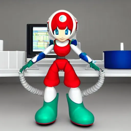 Image similar to 3 d cg rendering of : roll ( from mega man ) is repairing computers in dr. light's laboratory. roll is a cute female ball - jointed robot who has blonde hair with bangs and a ponytail tied with a green ribbon. she is wearing a red one - piece dress with a white collar, and red boots.