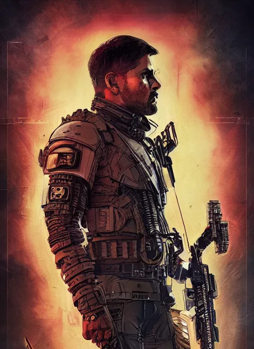 Image similar to cyberpunk military indian ( blade runner 2 0 4 9, dystopian, cyberpunk 2 0 7 7 character design ), advanced warfare, attractive face. portrait by james gurney and laurie greasley and yoji shinkawa, digital art. cinematic composition, hyper realism, realistic proportions, anatomy, dramatic lighting, photorealistic, high detail, 4 k