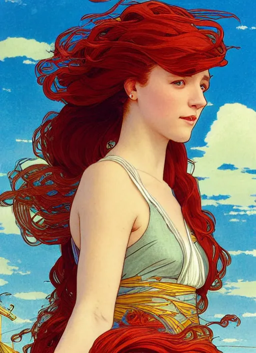 Image similar to a pretty young alicia vikander with long red hair blowing in the wind is leaning on the rail of a sailing ship, looking out to sea, path traced, highly detailed, high quality, digital painting, by studio ghibli and alphonse mucha, ron cobb, leesha hannigan, hidari, art nouveau, chiho aoshima, jules bastien - lepage