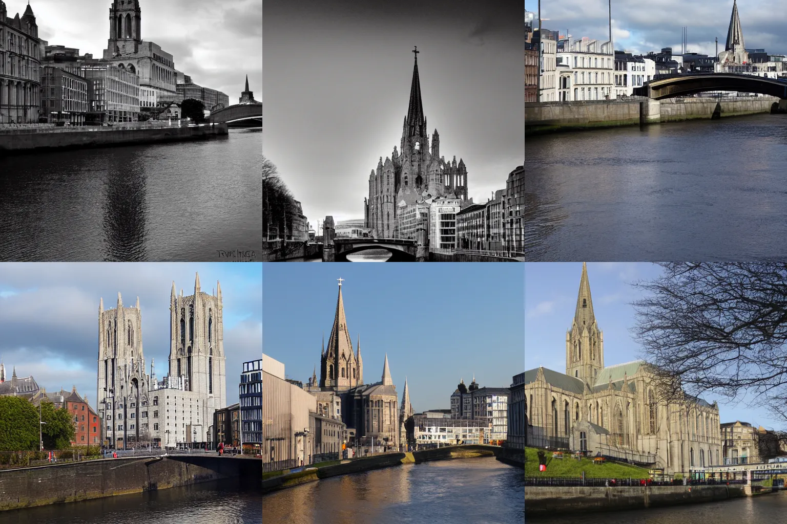 Prompt: cathedral rising from the river Liffey