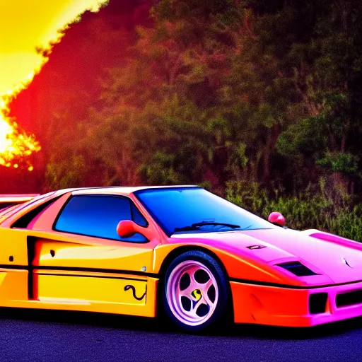 Image similar to neon synthwave ferrari f 4 0, at sunset, 8 k. filling most of the view