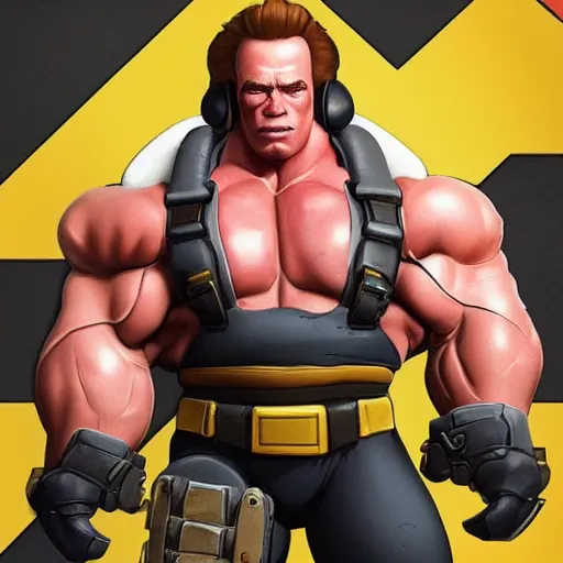 Prompt: a screenshot of arnold schwarzenegger in overwatch as roadhog