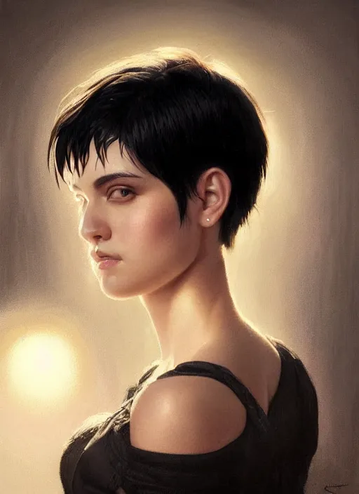 Image similar to girl with black hair, pixie haircut, beautiful highly detailed face, complementary lighting, backlit, dramatic lighting, beautiful painting by artgerm and greg rutkowski and raymond swanland