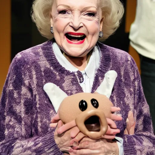 Prompt: betty white hanging out with a terrifying grotesque monster