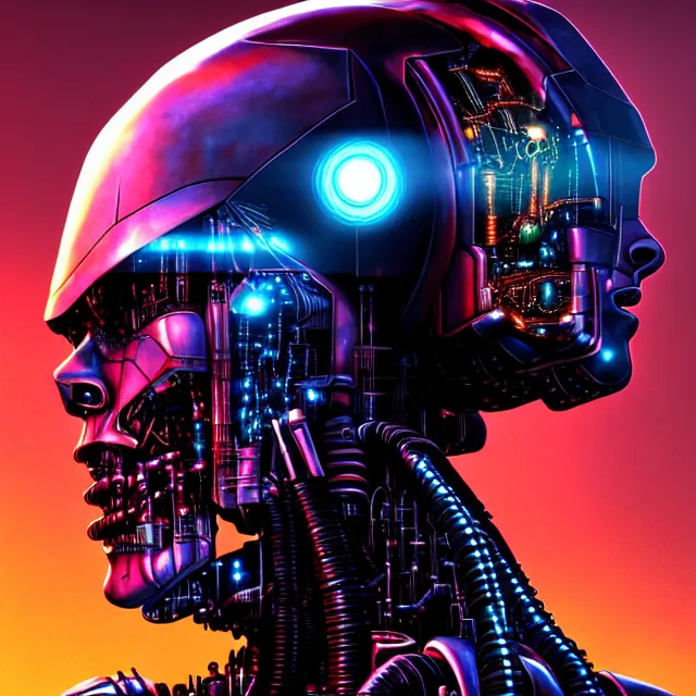 Prompt: Beautiful portrait 3d render of the cyberpunk terminator illuminati robot, centered face, portrait, atmospheric lighting, painted, intricate, volumetric lighting, beautiful, rich deep colours masterpiece, sharp focus, ultra detailed, in the style of Dan Mumford and marc simonetti, with a crowded futuristic cyberpunk city in the background, astrophotgraphy