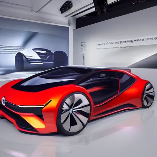 Image similar to a concept volkswagen vision gran turismo supercar inside a dark showroom with studio spotlights reflecting on the bodywork