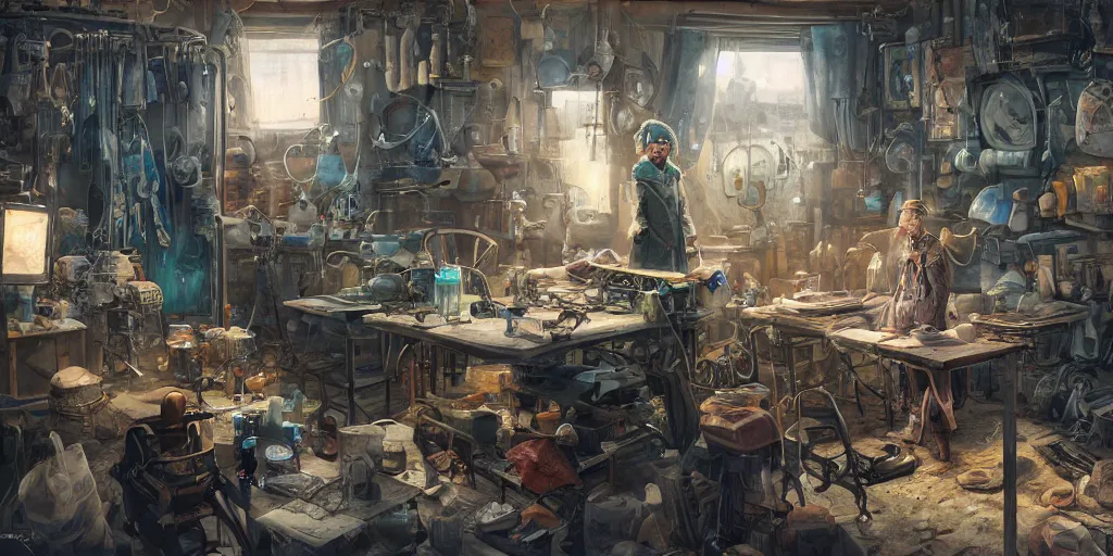 Image similar to an environmental concept art of an elderly russian woman cyberneticist in a cluttered workshop, surgical implements, surgery table, highly detailed, cinematic, dramatic, cyberpunk, dieselpunk, scifi space station, horror