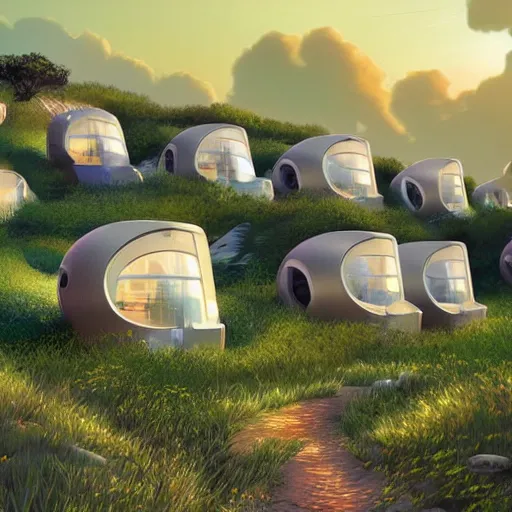 Image similar to beautiful happy picturesque charming organic futuristic sci - fi town of pod homes integrated in nature. beautiful light. grainy and rough. soft colour scheme. beautiful artistic vector graphic design art by lurid. ( 2 0 2 2 )