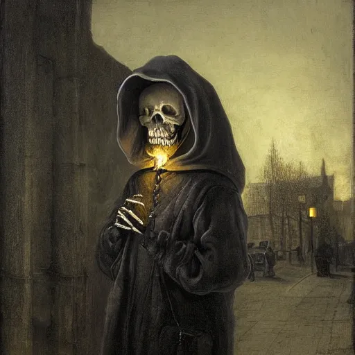 Prompt: a skeleton in a hoodie sitting on the street smoking a cigarette at night, Oil painting, atmospheric lighting, highly detailed Rembrandt van Rijn, Aert de Gelder, Esaias van de Velde