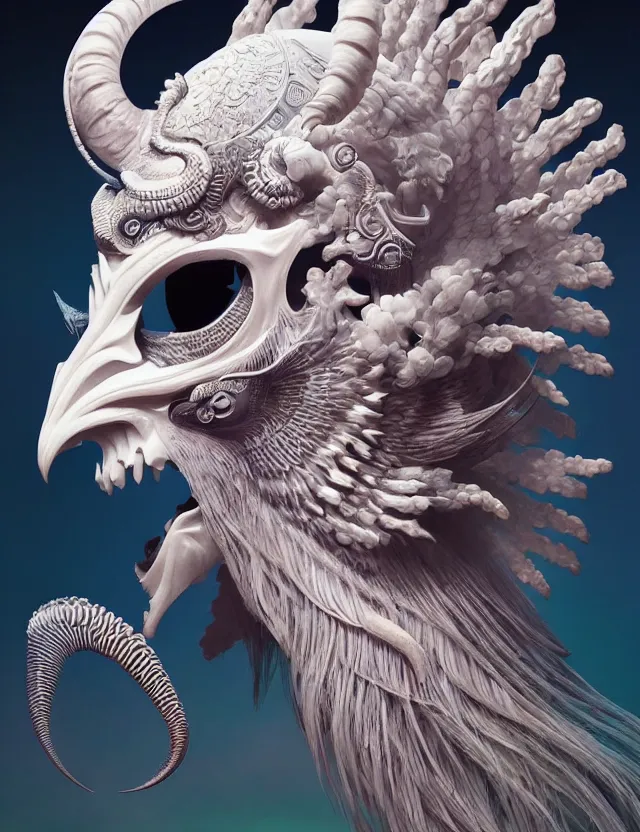 Image similar to 3 d goddess close - up profile portrait ram skull. beautiful intricately detailed japanese crow kitsune mask and clasical japanese kimono. betta fish, jellyfish phoenix, bio luminescent, plasma, ice, water, wind, creature, artwork by tooth wu and wlop and beeple and greg rutkowski