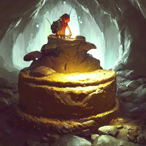 Prompt: an adventurer finding a big cake in a dark mysterious cave, digital art, highly-detailed, artstation cgsociety