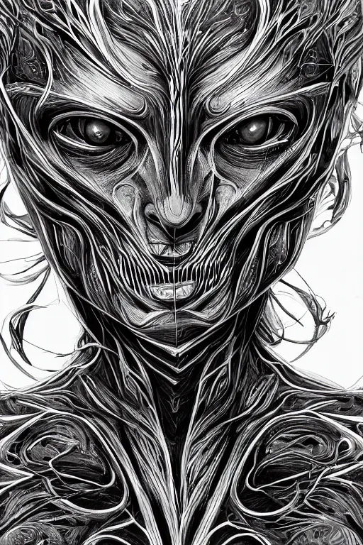 Prompt: black and white illustration, creative design, body horror, alex gray, android jones