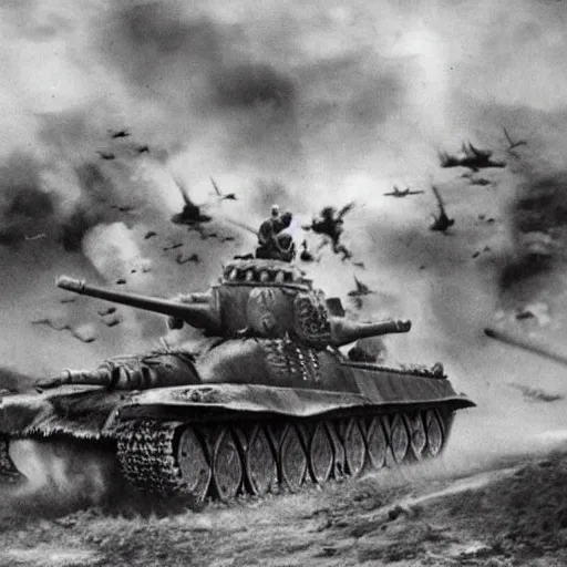 Image similar to black and white photo Dragons in Battle of Kursk WWII, dragons flying, tanks