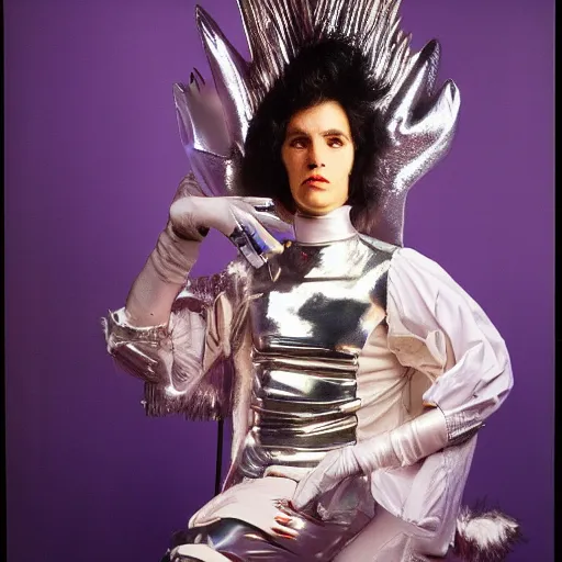 Image similar to portrait davis taylor brown dressed in 1 9 8 1 space fantasy fashion, shiny metal