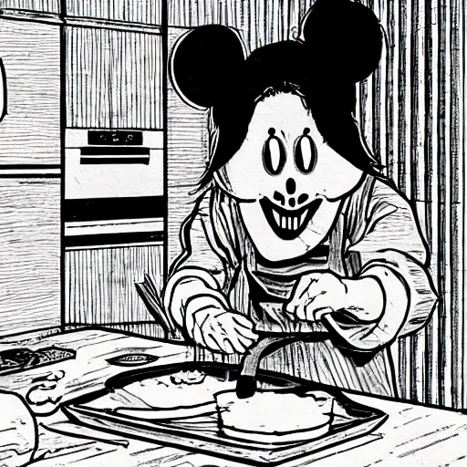 Image similar to evil anthropomorphic cookie cooking a bunch of cookies, in the kitchen, in vagabond manga by takehiko inoue, black ink