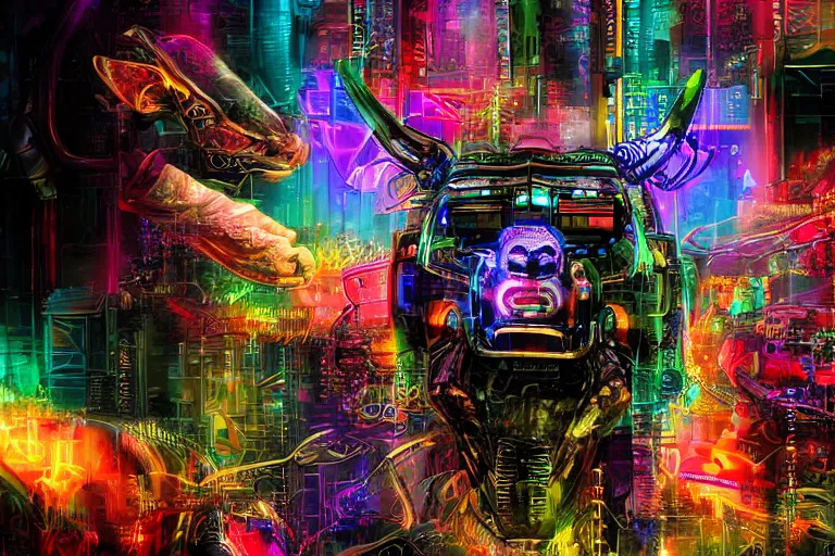 Image similar to complex cyberpunk machine background merged with evil cybernetic goat head in center focus, multicolored digital art