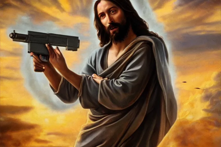 Image similar to real life photo of confident Jesus Christ holding a machine gun shooting the devil satan lucifer of hell, 8k, hyperrealistic, very detailed, clean, professional photography, epic composition, side profile, high contrast, upscaled, god rays