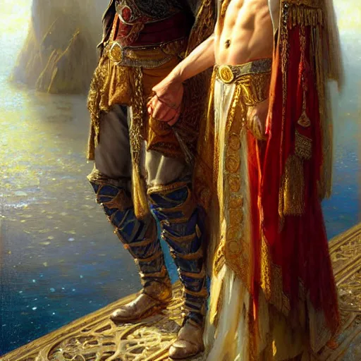 Image similar to attractive fully clothed king confesses his love for his attractive fully clothed male prince. highly detailed painting by gaston bussiere, tom bagshaw, craig mullins