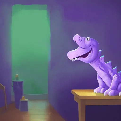 Image similar to barney the dinosaur in a dim purple lit room, melancholy, trending on artstation