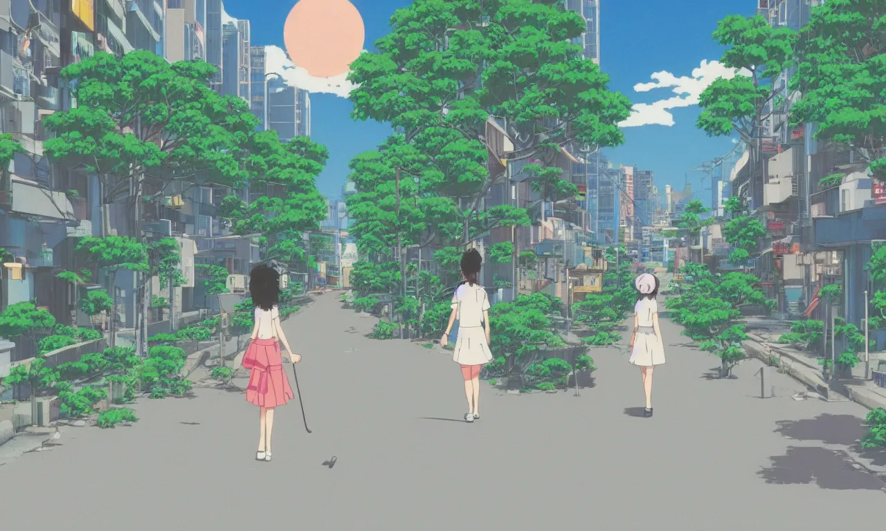 Prompt: A cute aesthetic still frame from an 80's or 90's anime, minimal street in Japan with lush plants, sun set, tall buildings, girl walking with umbrella