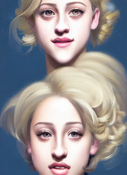 Image similar to portrait of lili reinhart with fluffy bangs, smiling kindly, bangs, 1 9 6 0 s, ponytail, curly bangs and ponytail, rounder face, intricate, elegant, glowing lights, highly detailed, digital painting, artstation, concept art, smooth, sharp focus, illustration, art by wlop, mars ravelo and greg rutkowski